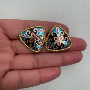Vintage Gold Oversized Red and Blue Stud Earrings